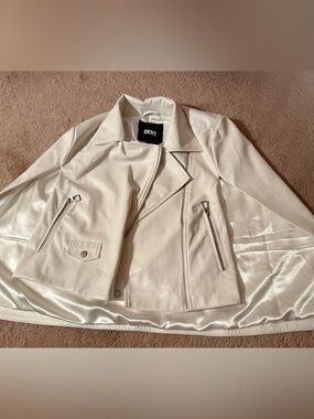 DKNY White Faux Leather Asymmetrical Zip Moto Jacket